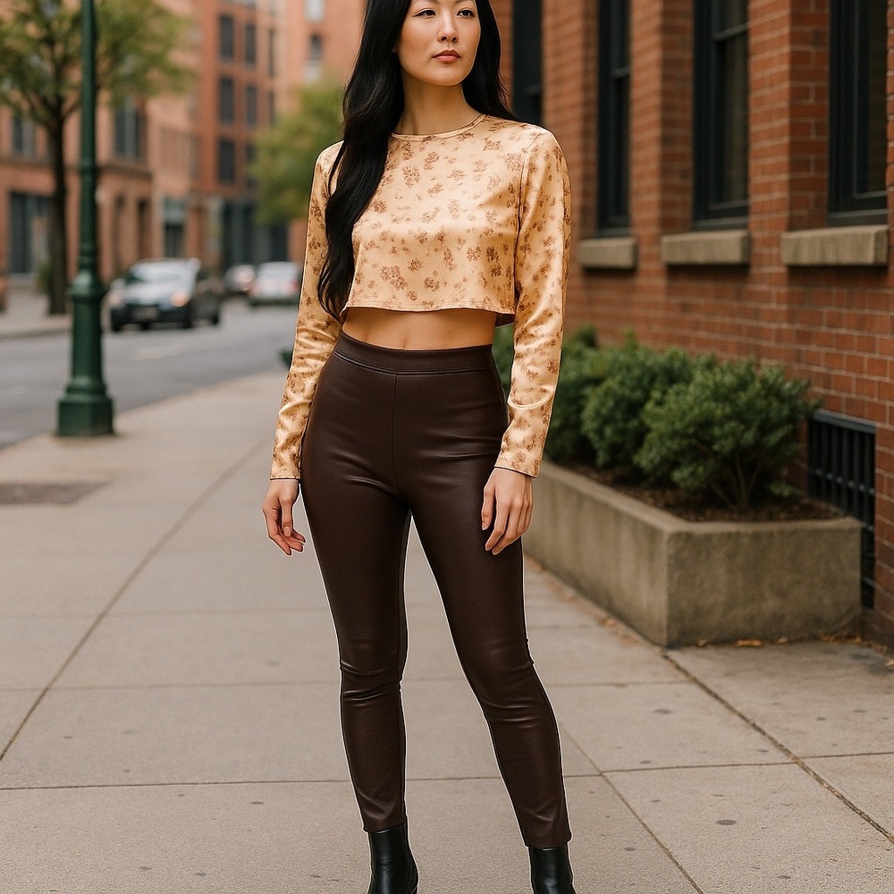 Zara Women's Copper & Brown Floral Long Sleeve Satin Crop Top, Size XS